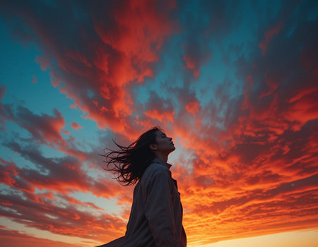 Young woman enjoying the sunset with her hair blowing in the wind.の素材