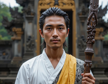 Portrait of a young Asian man in traditional clothes holding a wooden incense stickの素材