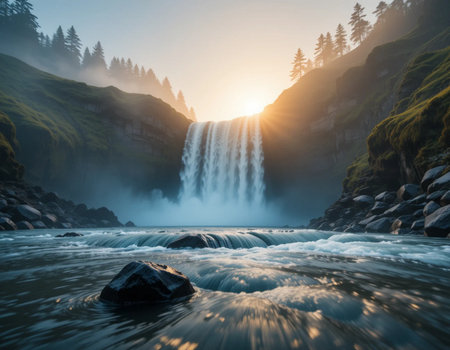 Sunset view of Seljalandsfoss waterfall, Icelandの素材