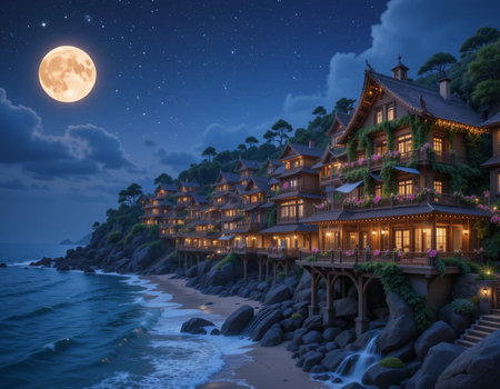 Houses on the seashore at night with full moon.の素材