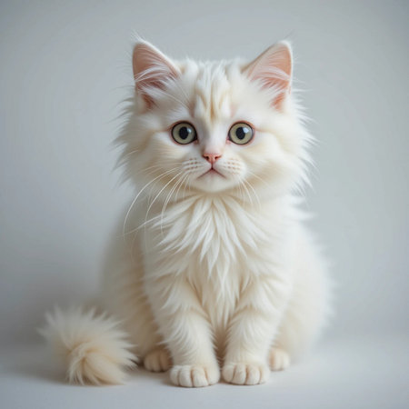 Cute white persian kitten with blue eyes sitting on white backgroundの素材