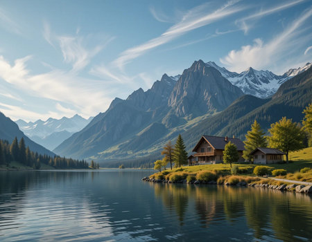 Beautiful alpine landscape with lake, mountains and forest on backgroundの素材