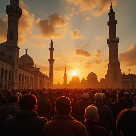 A crowd of people in front of the mosque during the sunset.の素材