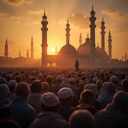 Muslim pilgrims at the mosque during the Hajj at sunset. Muslim pilgrims from all over the world gathered to perform Umrah or Hajj at the Haram Mosque in Mecca, Saudi Arabia.の素材