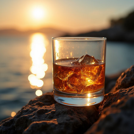Glass of whiskey with ice on the rocks near the sea at sunsetの素材