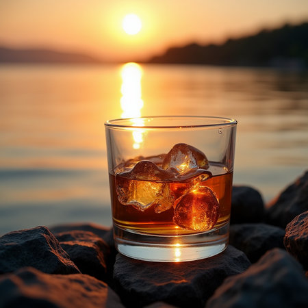 Glass of whiskey with ice cubes on the rocks near the sea at sunsetの素材