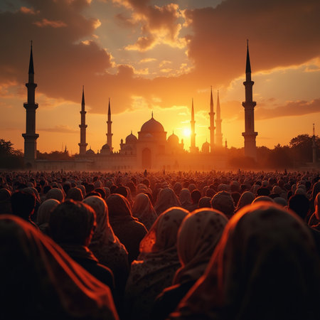 Silhouettes of Muslim pilgrims from all over the world gathered to perform Umrah or Hajj at the Taj Mahal in Agra, Uttar Pradesh, Indiaの素材