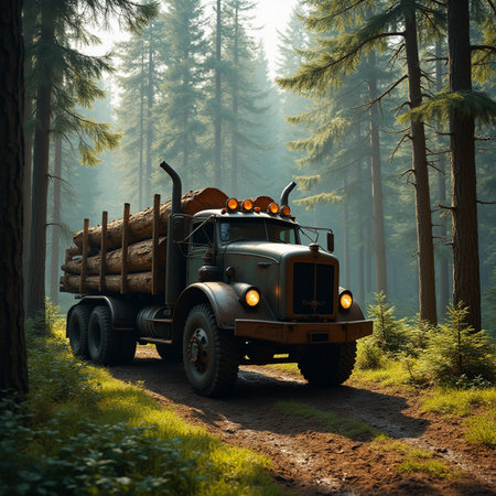 Truck with a load of wood in the forest. 3d renderingの素材
