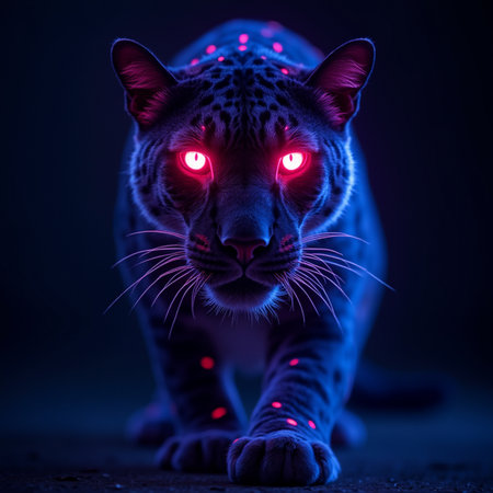 Neon portrait of a leopard in the dark with red glowing eyes.の素材