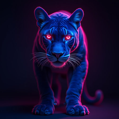 Neon portrait of a tiger on a dark background. 3d renderingの素材