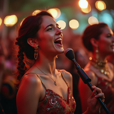Beautiful girl singer in red dress with microphone singing on stage.の素材