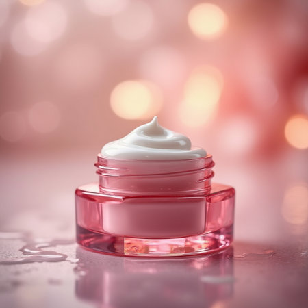 Cosmetic branding, toiletries and spf concept - Face cream moisturizer jar on holiday lights background, moisturizing skin care lotionの素材