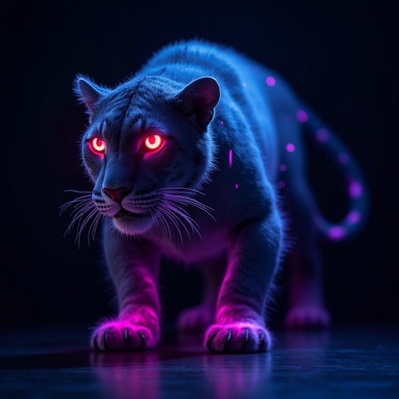 White tiger with red eyes on a black background with neon lights.の素材