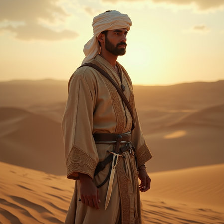 Handsome Arabian man in traditional clothes walking through the desert at sunsetの素材
