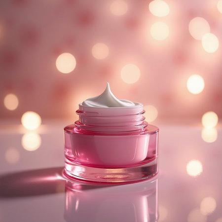 Cosmetic branding, toiletries and spf concept - Face cream moisturizer jar on holiday lights backgroundの素材