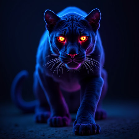 Neon portrait of a big cat with red eyes on dark backgroundの素材