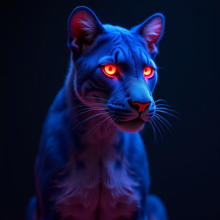 Portrait of a tiger with red eyes on a black background.の素材