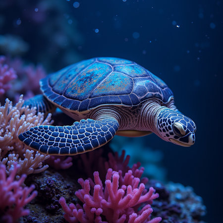 Blue sea turtle swimming on coral reef. Underwater photo of marine life.の素材