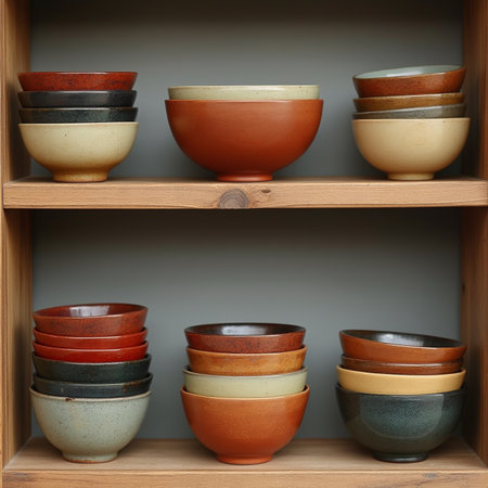 Wooden shelves with different ceramic bowls on gray background, closeupの素材