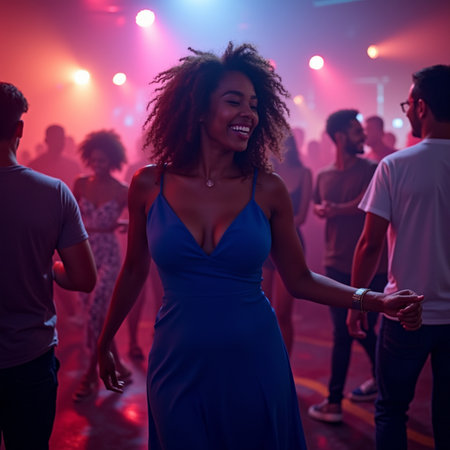 Young african american woman dancing with friends in nightclub at nightの素材