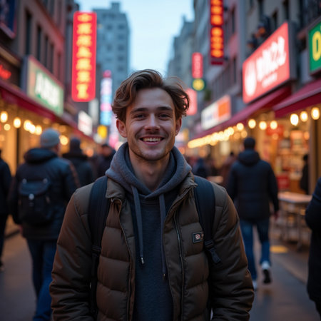 Young handsome tourist man exploring the city of New York City, USAの素材