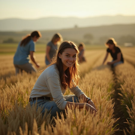 Group of happy young people having fun in wheat field on beautiful summer dayの素材