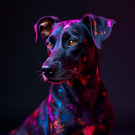 Portrait of a dog with a multicolored pattern on his face. Black background.の素材
