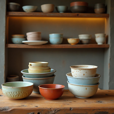 Ceramic tableware on the shelf in the rustic kitchenの素材