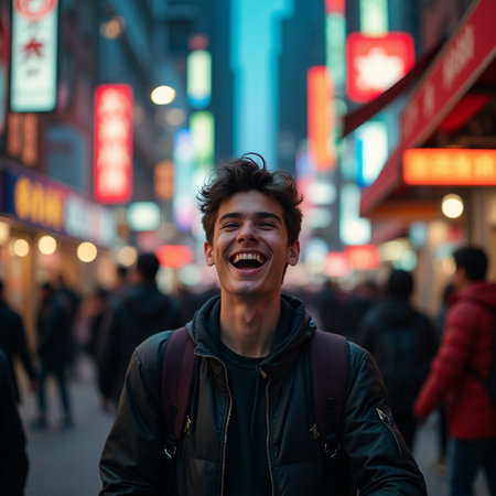 young attractive and happy Asian Chinese man with beard and hair smiling cheerful having fun walking in Ximending street at night in Ximending city in China enjoying holidays tripの素材