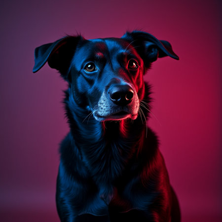 Portrait of a beautiful dog on a purple background. Studio shot.の素材