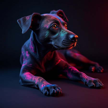 Portrait of a dog in red and pink colors on a black backgroundの素材