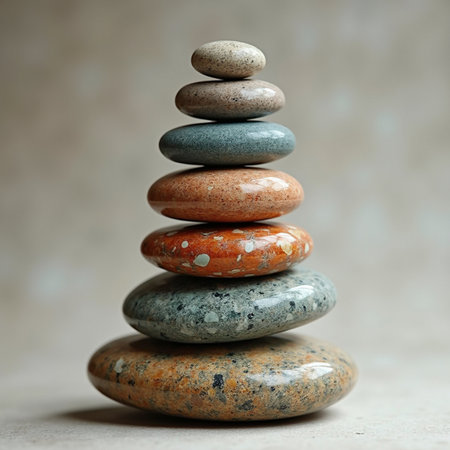 Stack of colorful zen stones on gray background. Zen concept.の素材