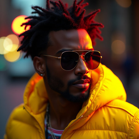 Portrait of handsome African American man with dreadlocks in yellow jacket and sunglasses.の素材