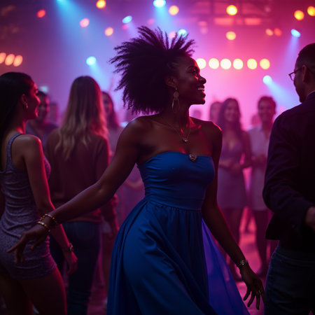 Young african american woman dancing at night club with friends.の素材