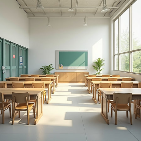 Classroom interior with desks and chairs. 3d render mock upの素材