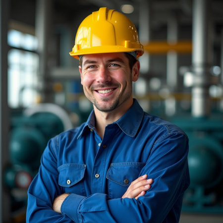 Portrait of a happy smiling worker standing with arms crossed in a factoryの素材