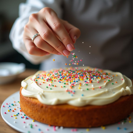 Female hands decorating a cake with whipped cream and colorful sprinklesの素材