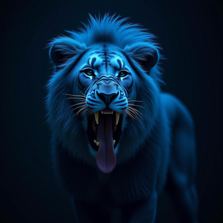3D rendering of a male lion isolated on a dark background.の素材