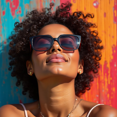 Beautiful african american woman with afro hairstyle and sunglasses on colorful backgroundの素材
