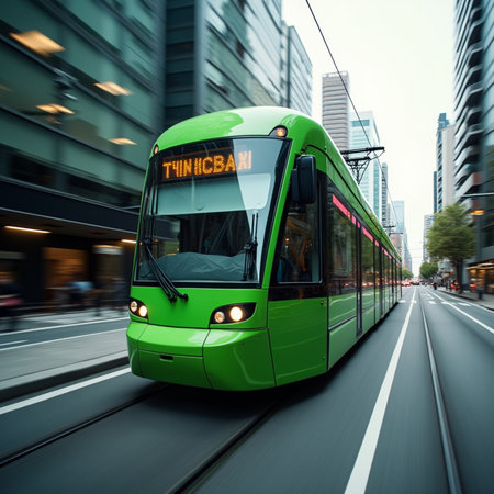 Modern green tram in the city. 3d rendering toned imageの素材