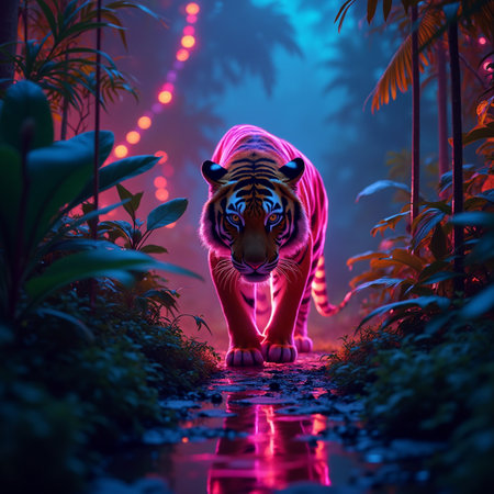 Siberian tiger in the jungle at night. 3D renderingの素材