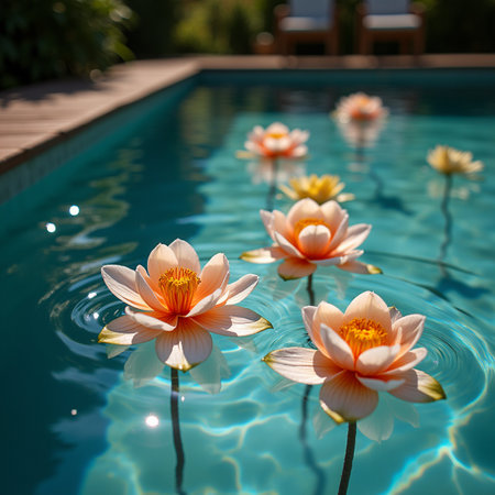 Beautiful lotus flowers floating on the surface of the pool.の素材