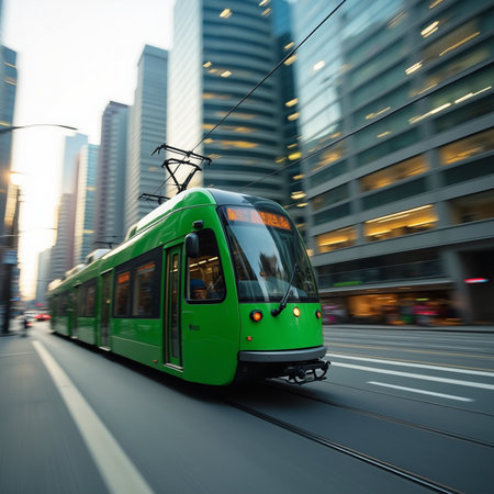 Modern tram in Hong Kong, China. This is a 3d render illustration.の素材