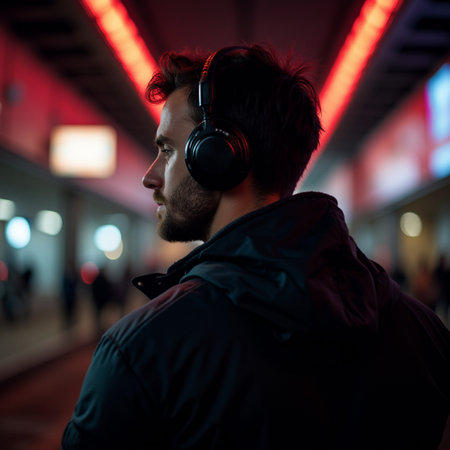 Young man listening to music with headphones in the subway station at night.の素材