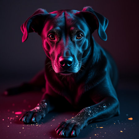 Studio portrait of a beautiful purebred dog on a dark background.の素材