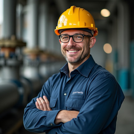 Portrait of a happy young man engineer standing with arms crossed in factoryの素材