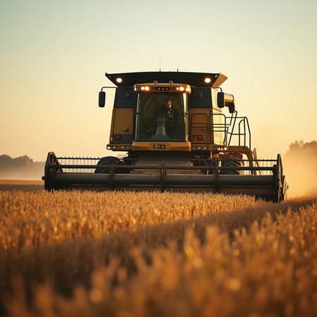 Combine harvester in action on wheat field at sunset.の素材