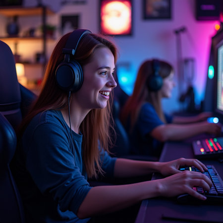 Young woman playing online video games at home using computer and headset.の素材