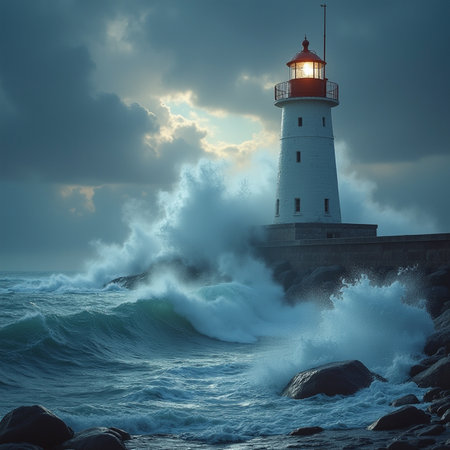 Lighthouse in the sea at sunset. Dramatic seascape.の素材