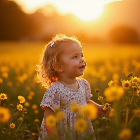 Cute little girl in the field of yellow flowers at sunset.の素材